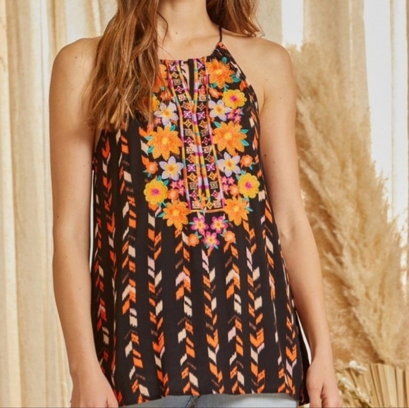 Savanna Jane New Vera Embroidered Black Floral Halter Tie Tank Top Size Small - Picture 3 of 12